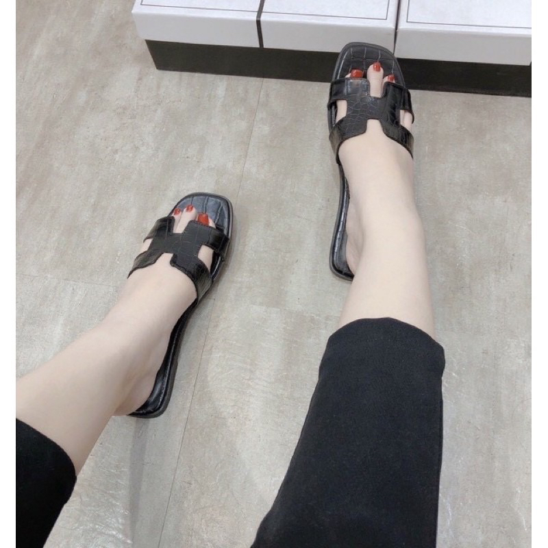Dép chữ h dép lê nữ thời trang quai ngang đen bóng da rắn sang chảnh
