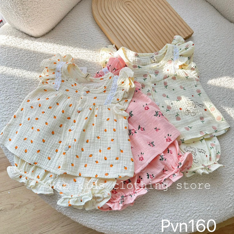 NT198 Bộ xô Muslin, bộ sát nách dáng cánh tiên, quần bèo cài cúc dọc cho bé gái
