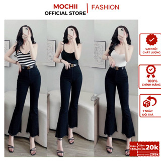 Quần Jean Ống Loe Cạp Cao nữ màu Đen VẢI BÒ GIẤY  -co giãn gấu tua dáng quần tây ống loe lưng cao đi học làm công sở