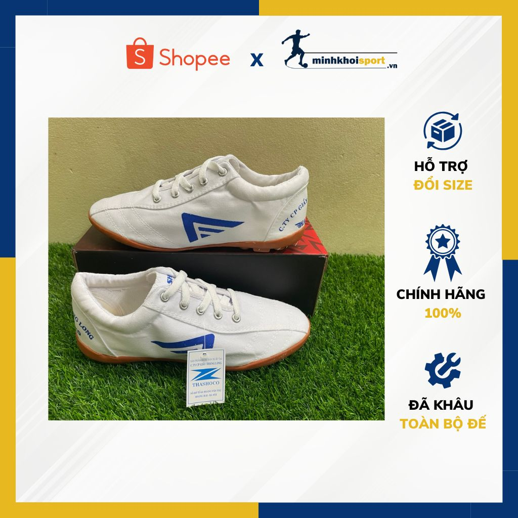 Giày Bóng Đá Chính Hãng Thăng Long Thashoco, Giày Bata Nam Nữ Vải Màu Trắng Đinh Trụ Khâu Toàn Bộ Đế