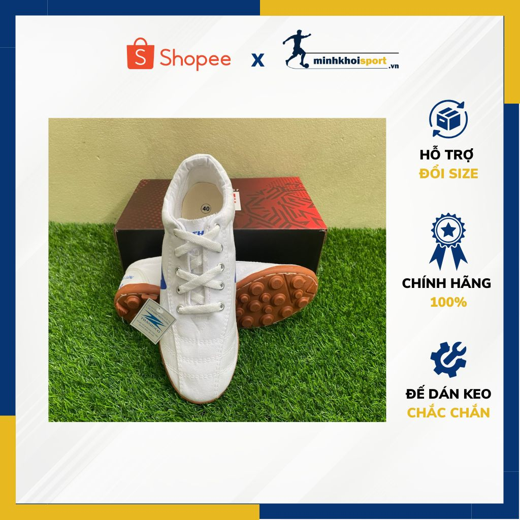 Giày Bóng Đá Chính Hãng Thăng Long Thashoco, Giày Bata Nam Nữ Vải Màu Trắng Đinh Trụ Khâu Toàn Bộ Đế