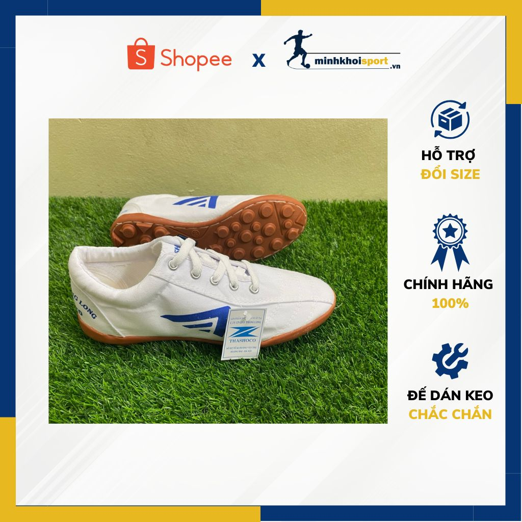 Giày Bóng Đá Chính Hãng Thăng Long Thashoco, Giày Bata Nam Nữ Vải Màu Trắng Đinh Trụ Khâu Toàn Bộ Đế