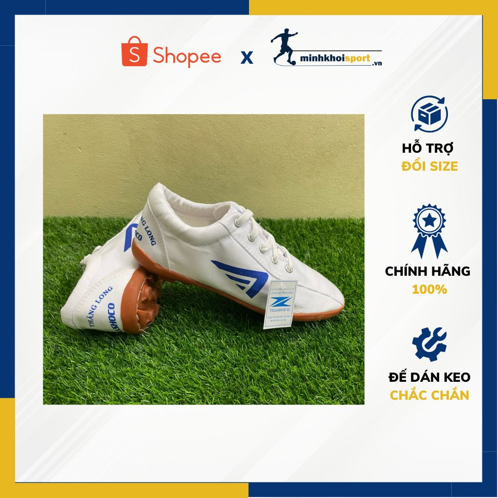 Giày Bóng Đá Chính Hãng Thăng Long Thashoco, Giày Bata Nam Nữ Vải Màu Trắng Đinh Trụ Khâu Toàn Bộ Đế