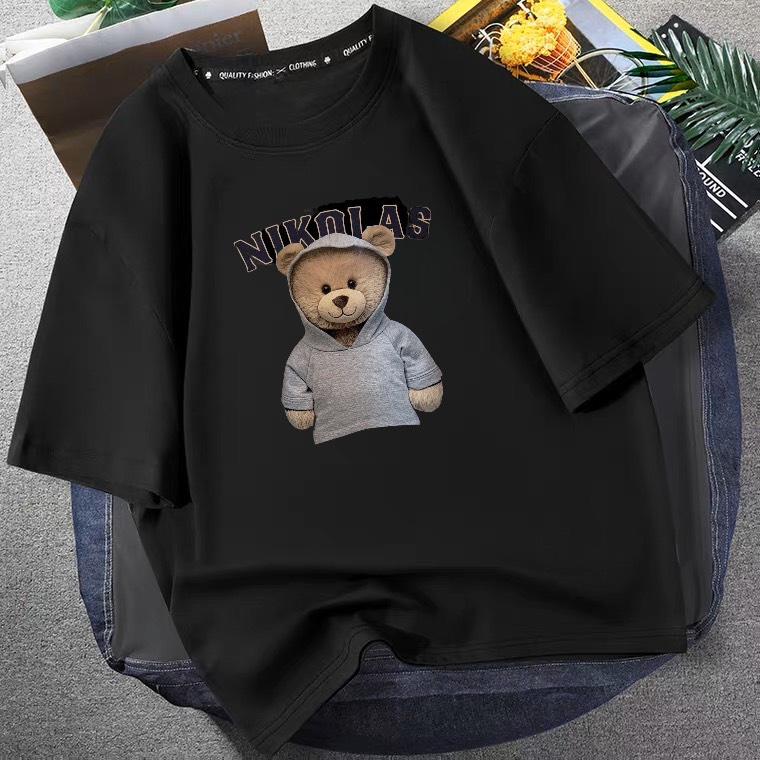 NNAT 0062 Áo thun nam nữ form rộng tay lỡ unisex hình in gấu nikolas