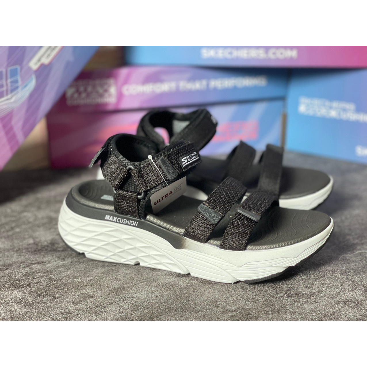 Giày Sandal Skechers Nữ Đế Cao Phối Quai Ngang Max Cushioning Slay
