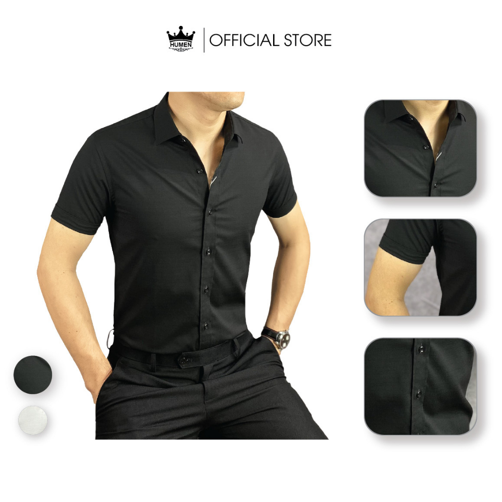 Áo sơ mi nam Humen cộc tay ngắn tay chất liệu sợi tre mềm mại thoáng khí không nhàu chống nhăn màu đen trắng chuẩn form | BigBuy360 - bigbuy360.vn