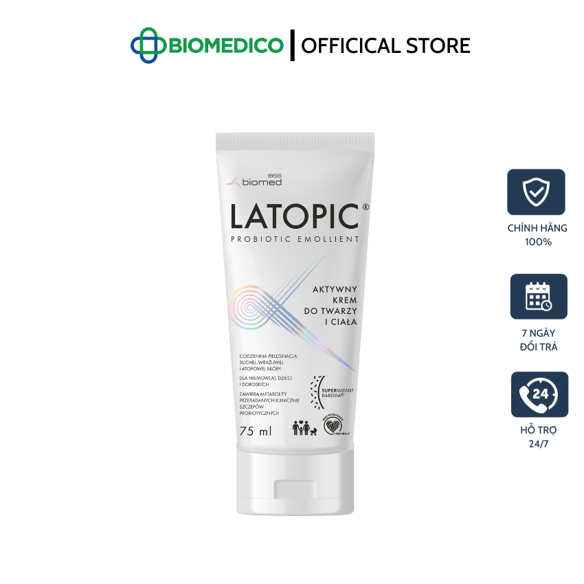 LATOPIC PROBIOTIC EMOLLIENT Active Face and Body Cream / Kem dưỡng ẩm, dịu ngứa da dị ứng/kích ứng 75ml