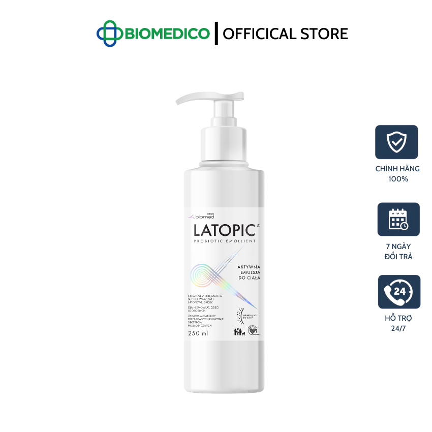 LATOPIC PROBIOTIC EMOLLIENT ACTIVE BODY EMULSION / Nhũ tương dưỡng ẩm, dịu ngứa da dị ứng/kích ứng toàn thân 250ml