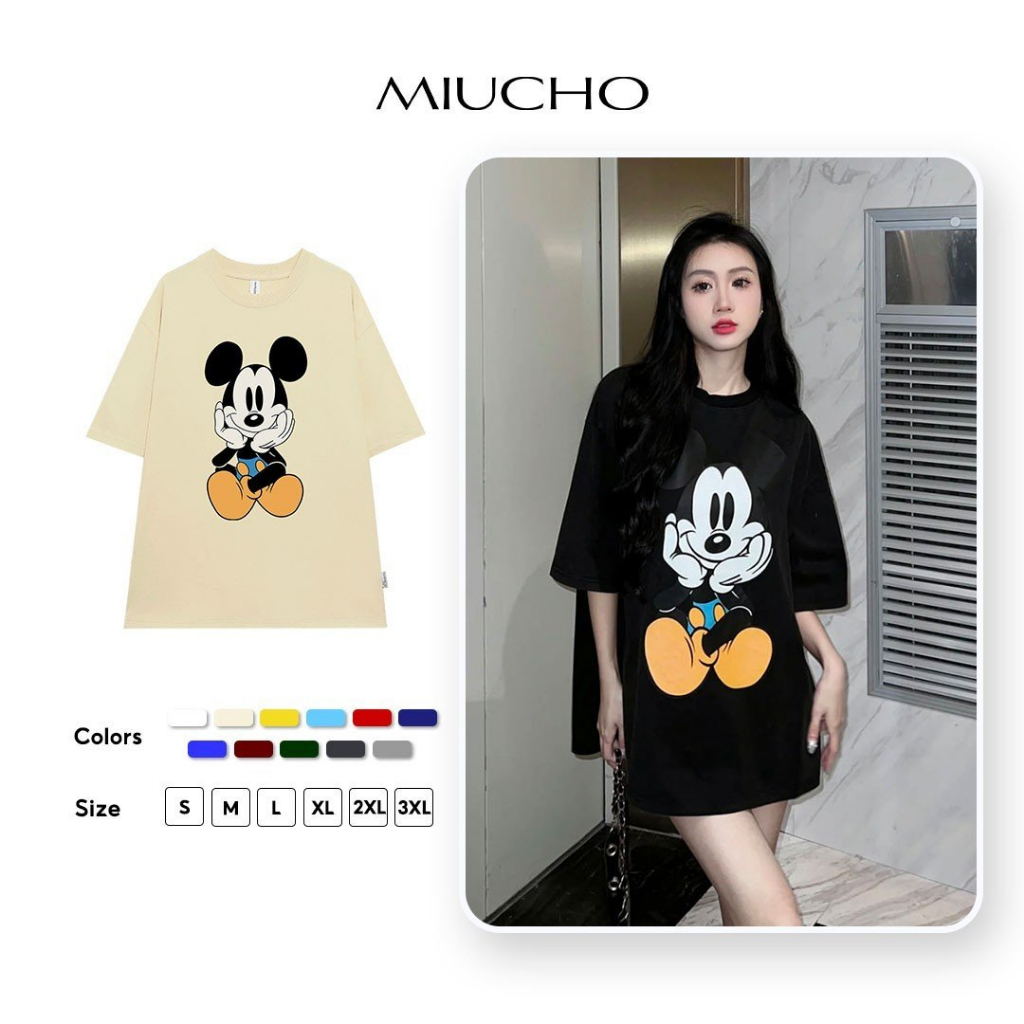 Áo thun unisex form rộng ATD71 Miucho chất vải cotton in hình chuột Mickey