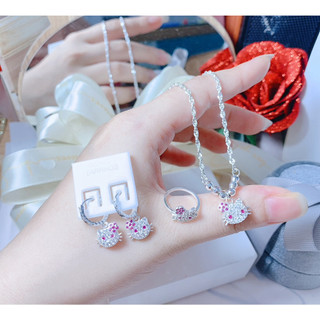 Set 3 món Bông tai Vòng cổ Nhẫn Bạc 925 bé gái mèo Hello Kitty đính đá HVJ 45