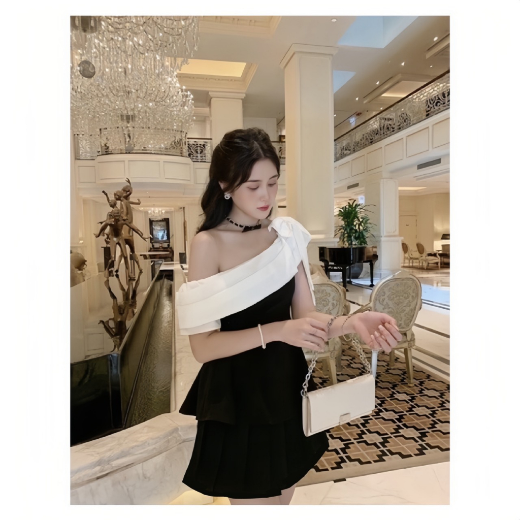 Set áo đen lệch vai phối viền nơ trắng kèm quần dáng sang chảnh quý phái mặc dự tiệc, đi chơi