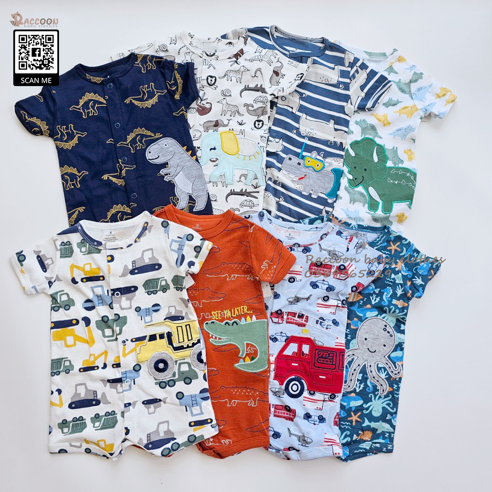 Bộ đồ liền thân tay ngắn cúc trước thêu 3D romper body đùi bé trai xuất dư C.a.r.ter's