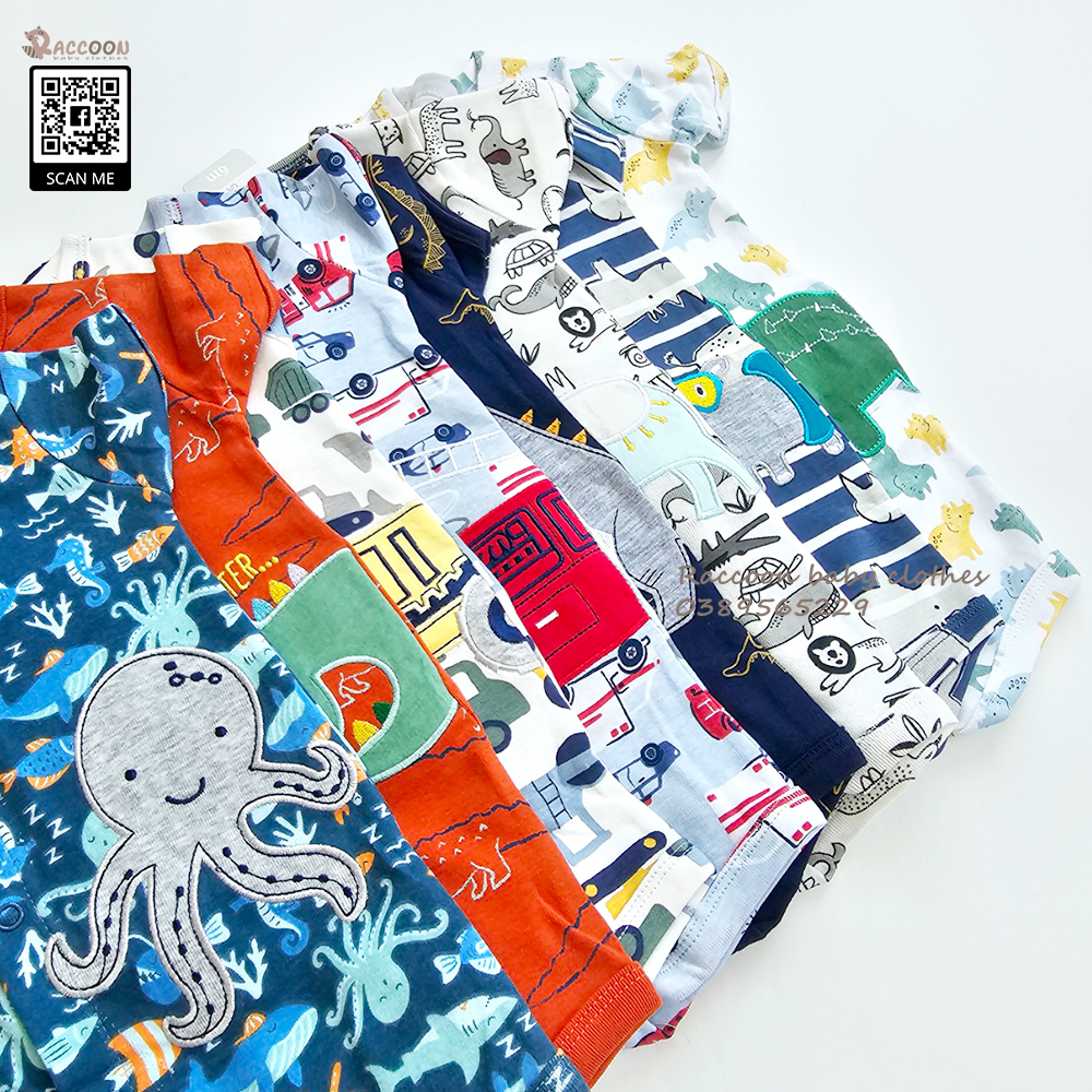 Bộ đồ liền thân tay ngắn cúc trước thêu 3D romper body đùi bé trai xuất dư C.a.r.ter's