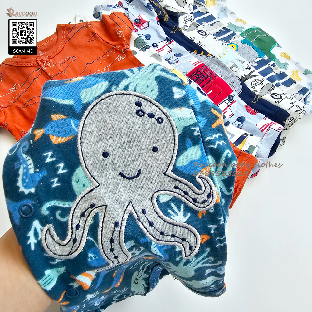 Bộ đồ liền thân tay ngắn cúc trước thêu 3D romper body đùi bé trai xuất dư C.a.r.ter's