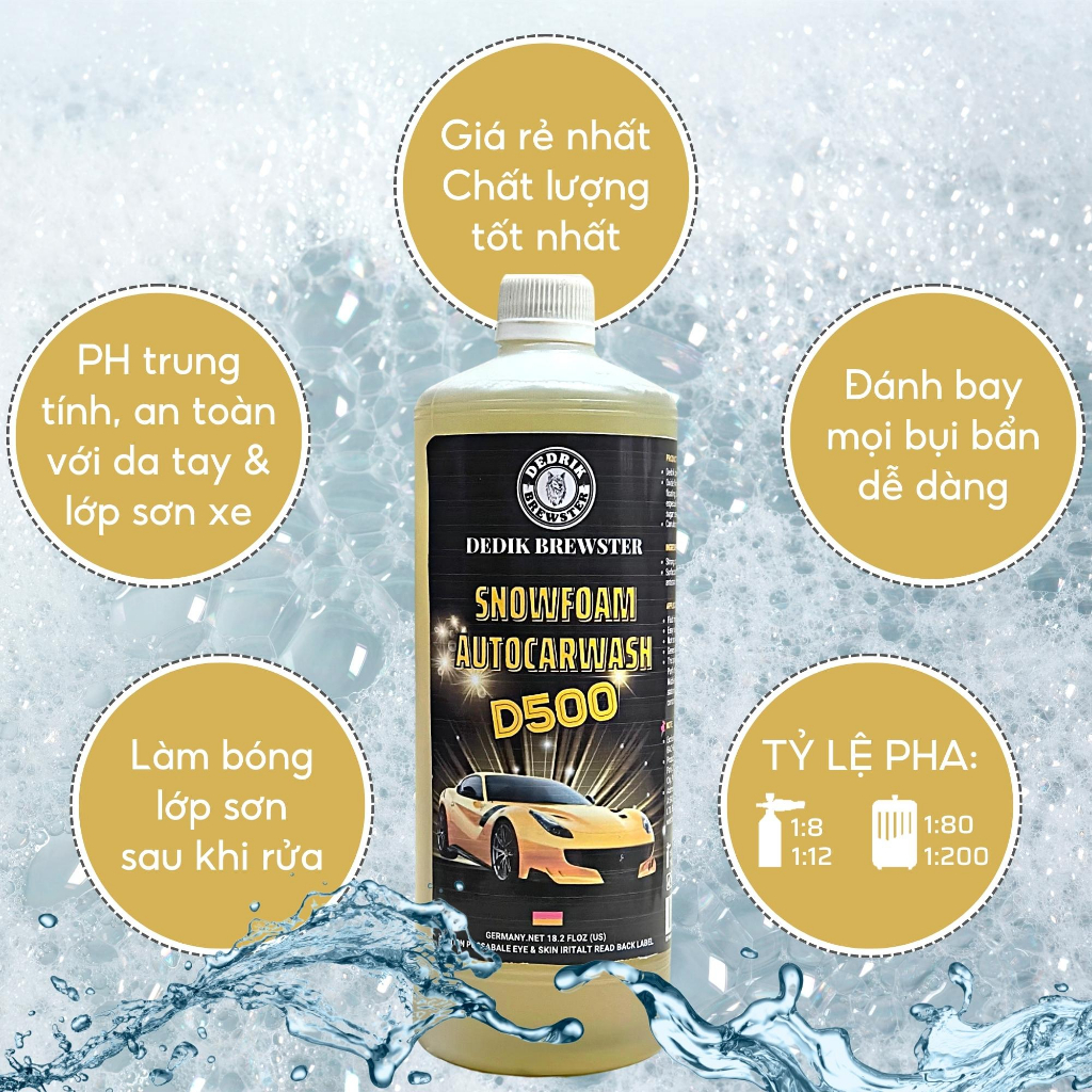 Dung Dịch Rửa Xe Không Chạm D500 Nước Tẩy Rửa Xe Bọt Tuyết Car Wash Chăm Sóc Xe Máy Ô Tô Dedrik Brewter - 1 Lít