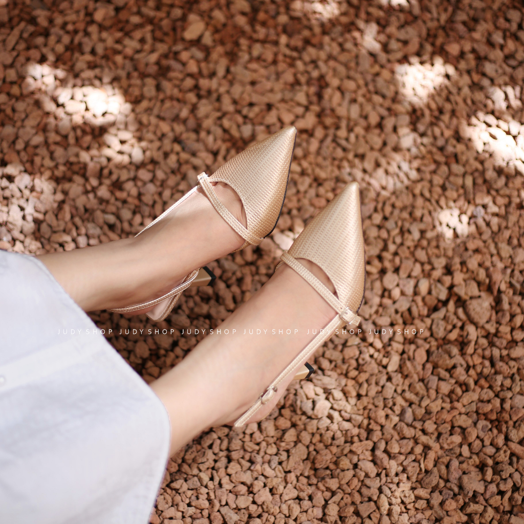Giày slingback - Sandal bít mũi hở gót Dây Sườn Mũi Nhọn Da Mềm Cao 8p