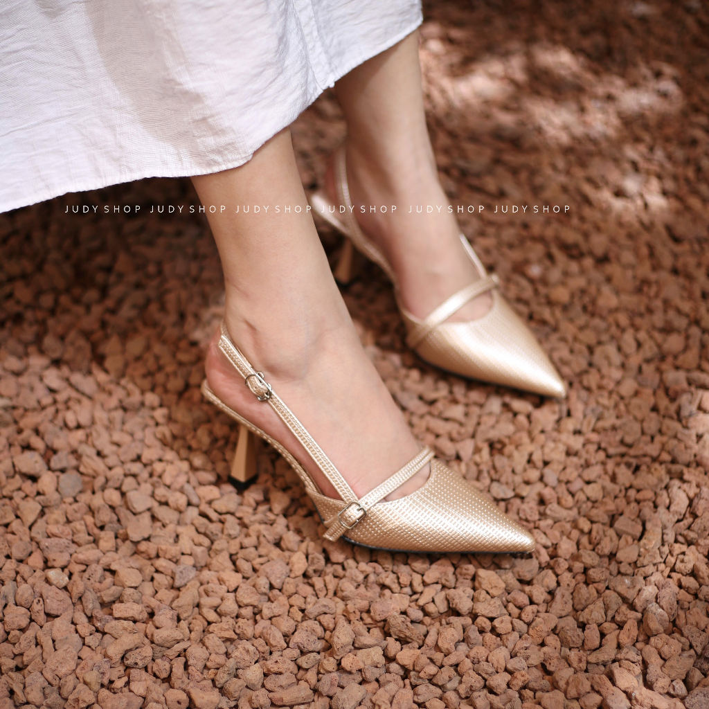 Giày slingback - Sandal bít mũi hở gót Dây Sườn Mũi Nhọn Da Mềm Cao 8p