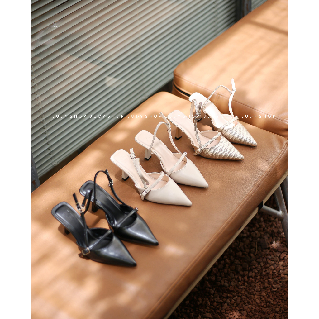 Giày slingback - Sandal bít mũi hở gót Dây Sườn Mũi Nhọn Da Mềm Cao 8p