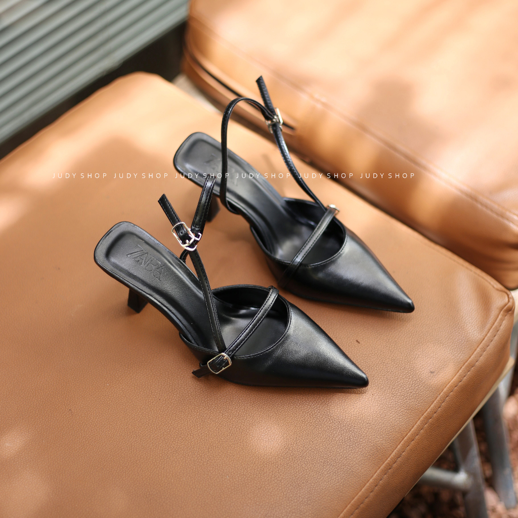 Giày slingback - Sandal bít mũi hở gót Dây Sườn Mũi Nhọn Da Mềm Cao 8p