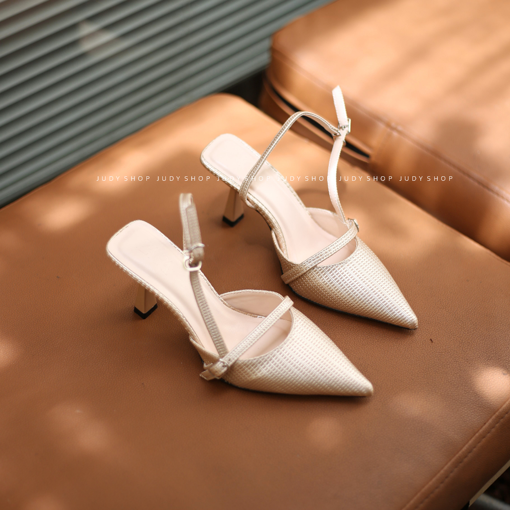 Giày slingback - Sandal bít mũi hở gót Dây Sườn Mũi Nhọn Da Mềm Cao 8p