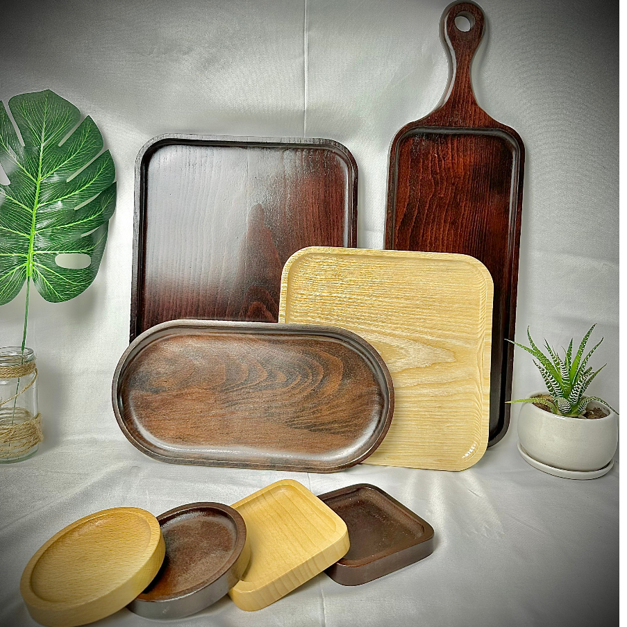 Khay gỗ đựng đồ ăn, đĩa gỗ chụp ảnh decor có tay cầm chất liệu gỗ Tần Bì - Kho đồ gỗ Hà Nội
