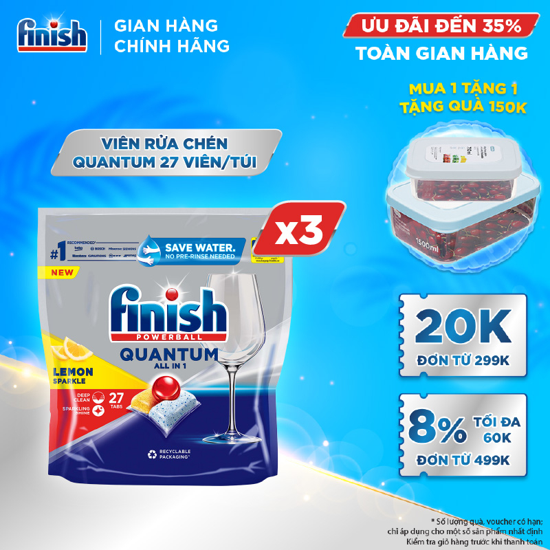 Combo 03 túi Viên Rửa Chén Bát Finish Powerball Quantum 27 viên/túi