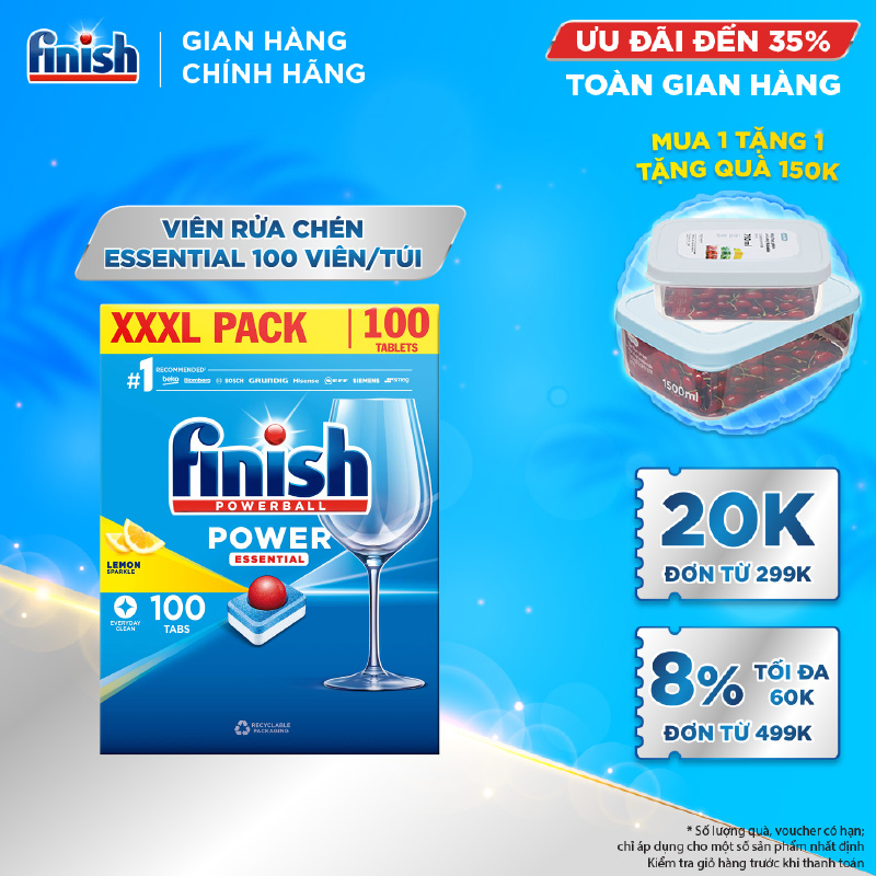 Viên Rửa Chén Bát Hương Chanh Finish Powerball Power Essential Lemon Sparkle - Hộp 100 viên siêu tiết kiệm