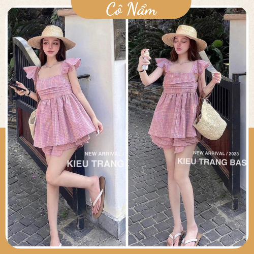 Set Bộ Đùi Nữ Áo Kẻ Caro Hồng Cánh Tiên Mix Quần Sooc Đùi Giả Váy 2 Tầng Freesize