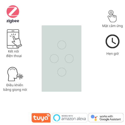 Công tắc thông minh Zigbee Tuya, hình chữ nhât viền vàng, điều khiển qua điện thoại App SmartLife/TuyaSmart