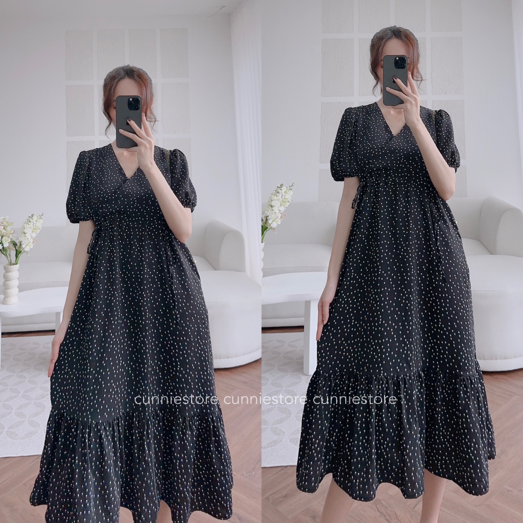 Váy chấm bi C135 Cunie đuôi cá cổ đắp chéo tay bồng đi chơi đi làm đi học dạo phố đi biển trà chiều cực xinh