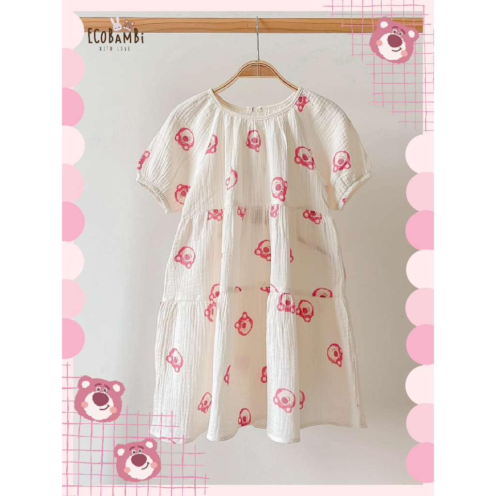 Đầm cotton muslin phối 3 tầng dáng xoè tay phồng đáng yêu cho bé gái - ECOBAMBI