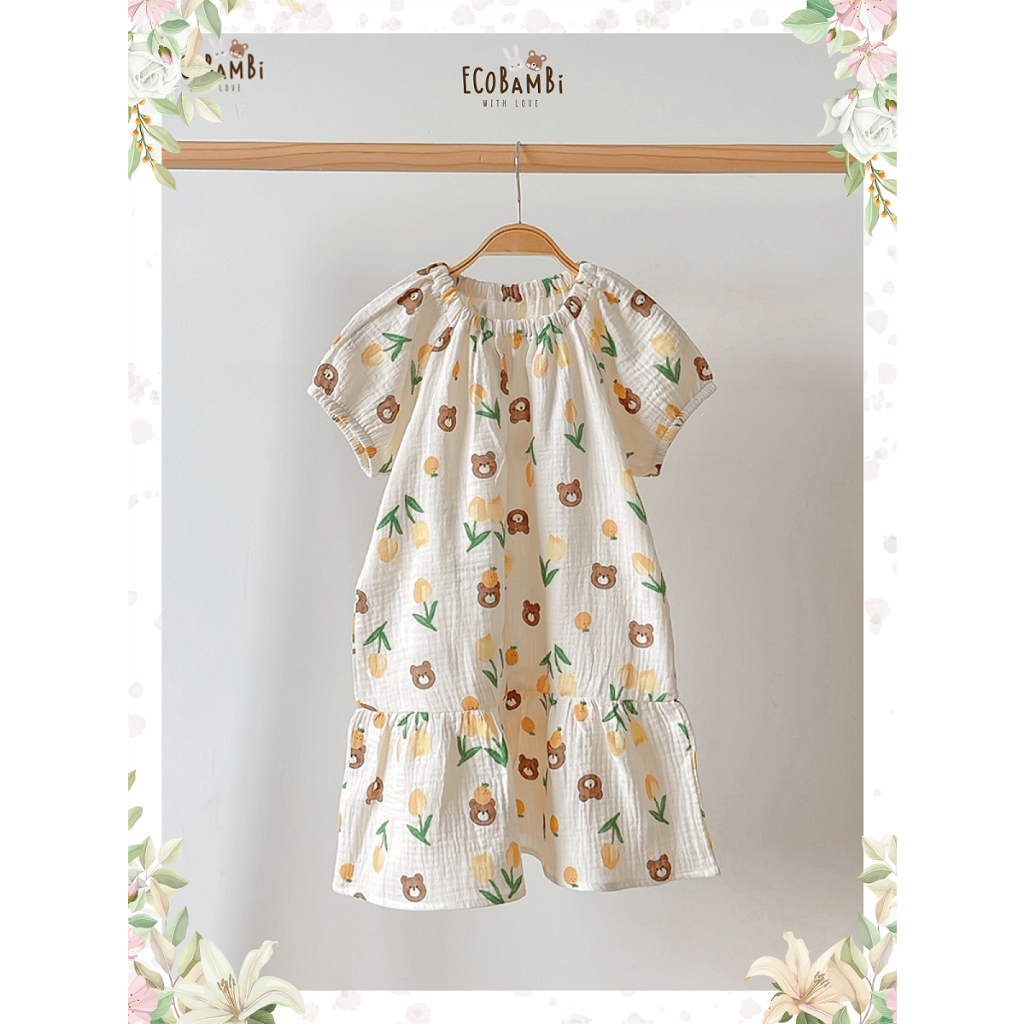 Đầm cotton muslin tay phồng hoa cỏ mùa xuân Ecobambi