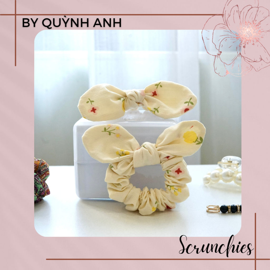 Dây buộc tóc scrunchies handmade hoa nhí mini kèm nơ - QA1038