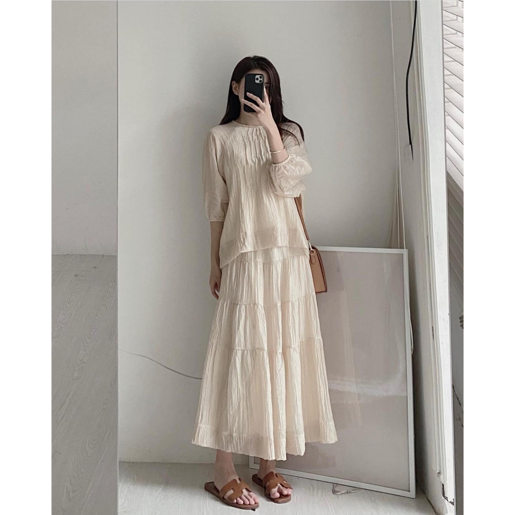 Set váy áo nữ, đầm nữ tơ nhăn dáng dài trơn khoogn họa tiết basic freesize phom suông hàn quốc vintage Ylydress C1630