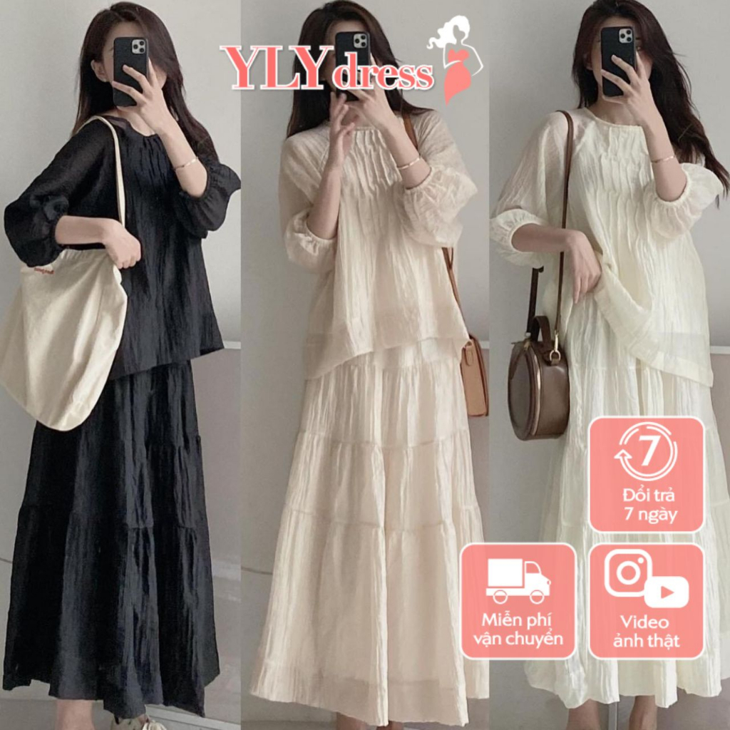Set váy áo nữ, đầm nữ tơ nhăn dáng dài trơn khoogn họa tiết basic freesize phom suông hàn quốc vintage Ylydress C1630