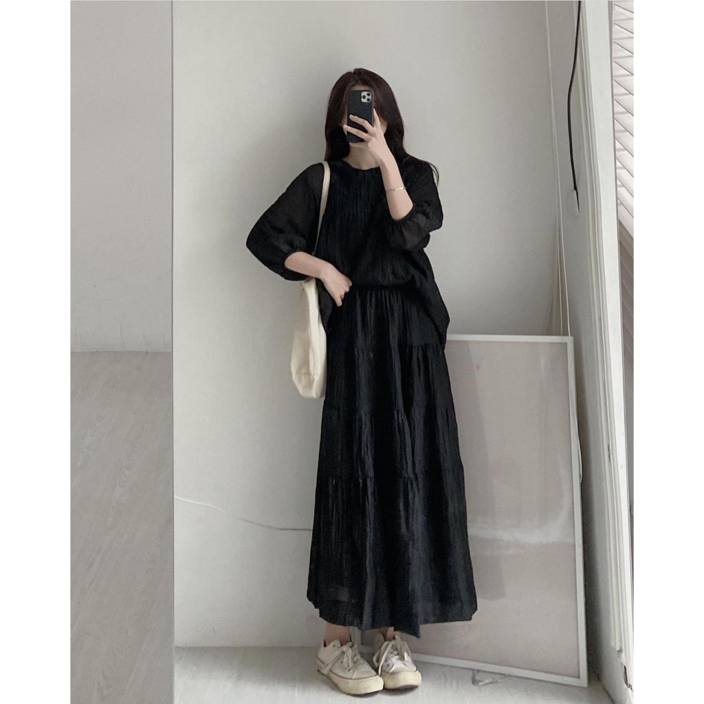 Set váy áo nữ, đầm nữ tơ nhăn dáng dài trơn khoogn họa tiết basic freesize phom suông hàn quốc vintage Ylydress C1630