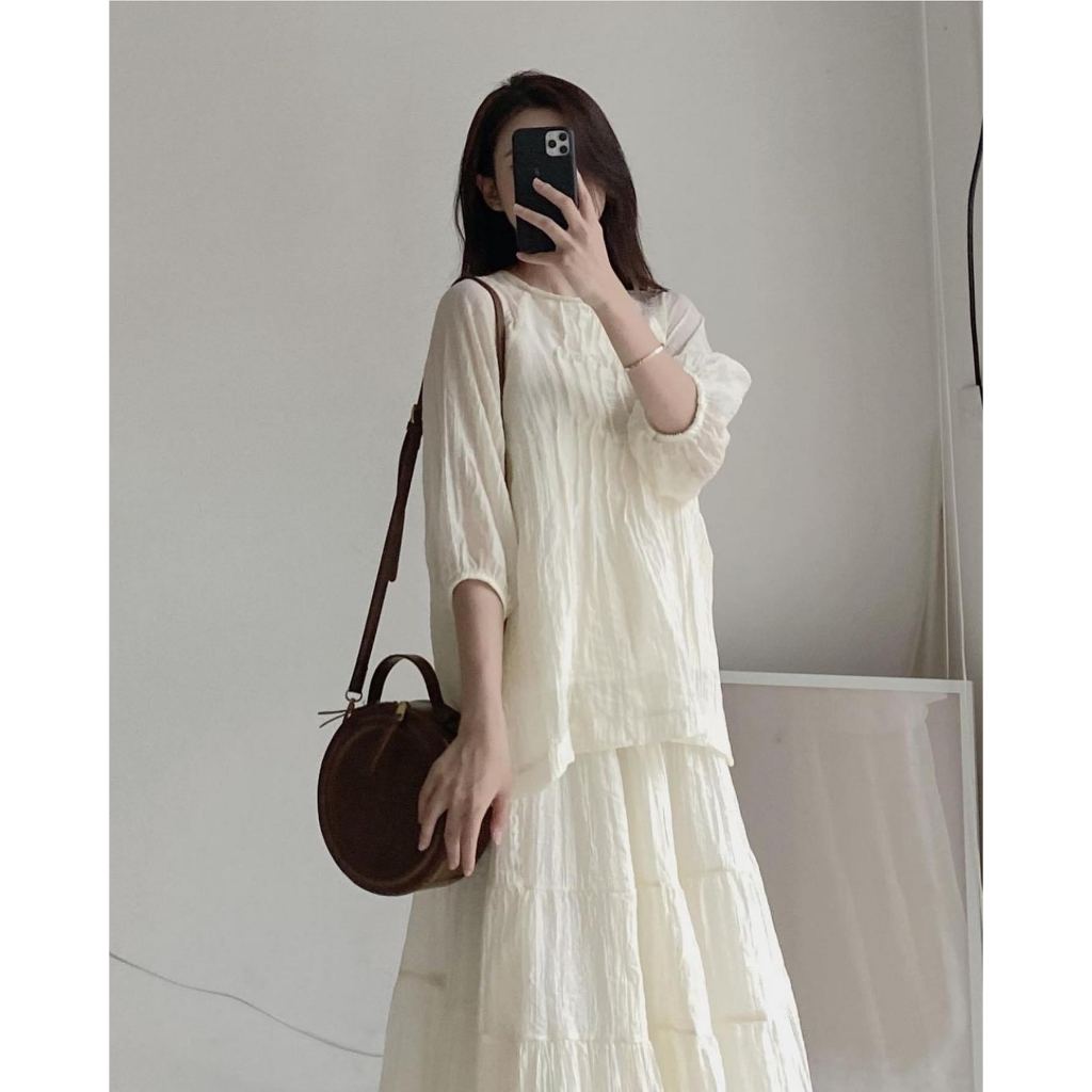 Set váy áo nữ, đầm nữ tơ nhăn dáng dài trơn khoogn họa tiết basic freesize phom suông hàn quốc vintage Ylydress C1630