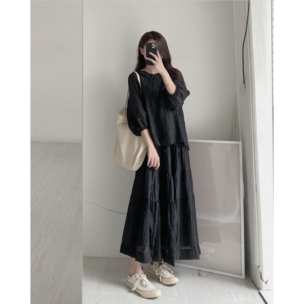 Set váy áo nữ, đầm nữ tơ nhăn dáng dài trơn khoogn họa tiết basic freesize phom suông hàn quốc vintage Ylydress C1630