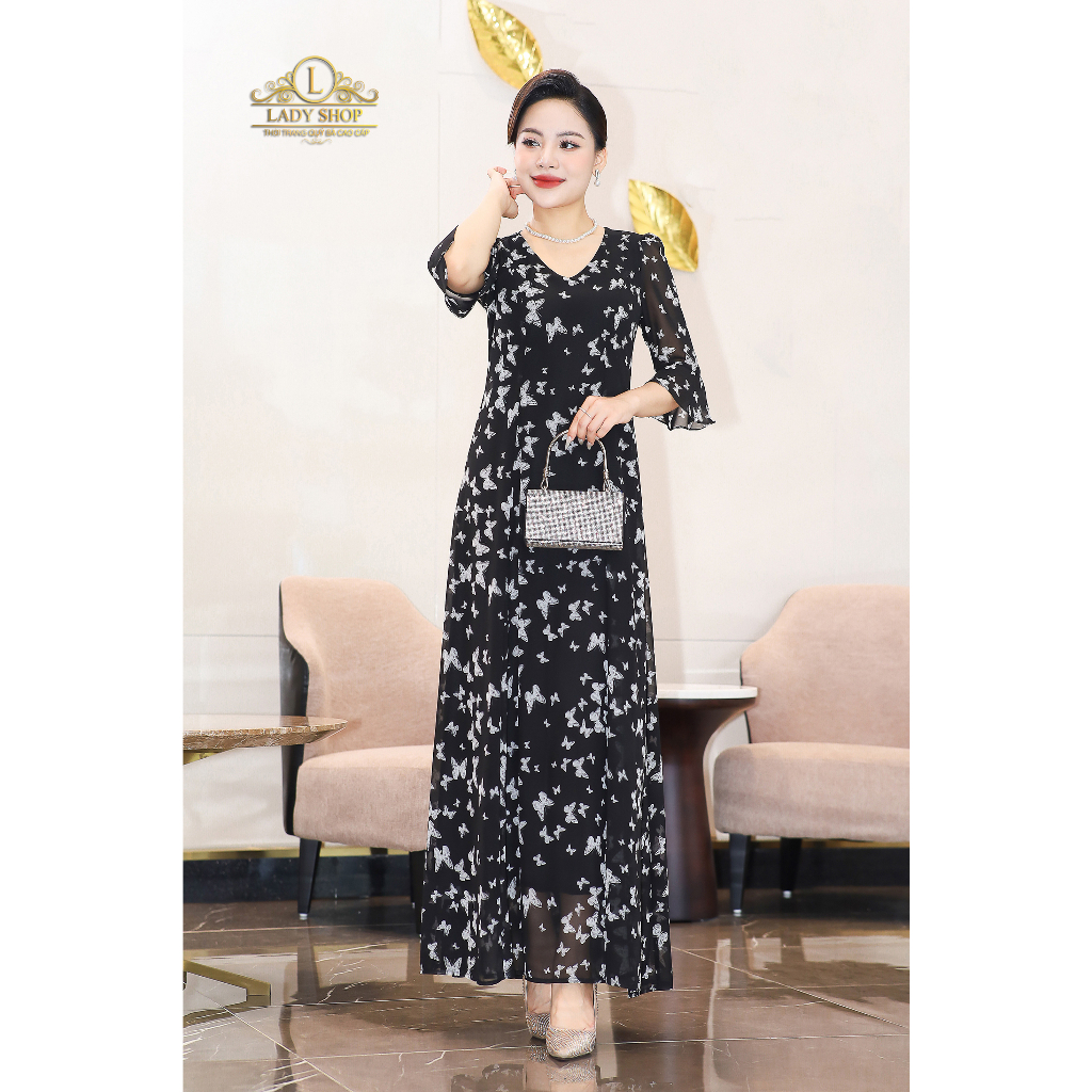 Đầm Maxi voan tay loe họa tiết bướm Ladyshop thời trang trung niên cao cấp T158