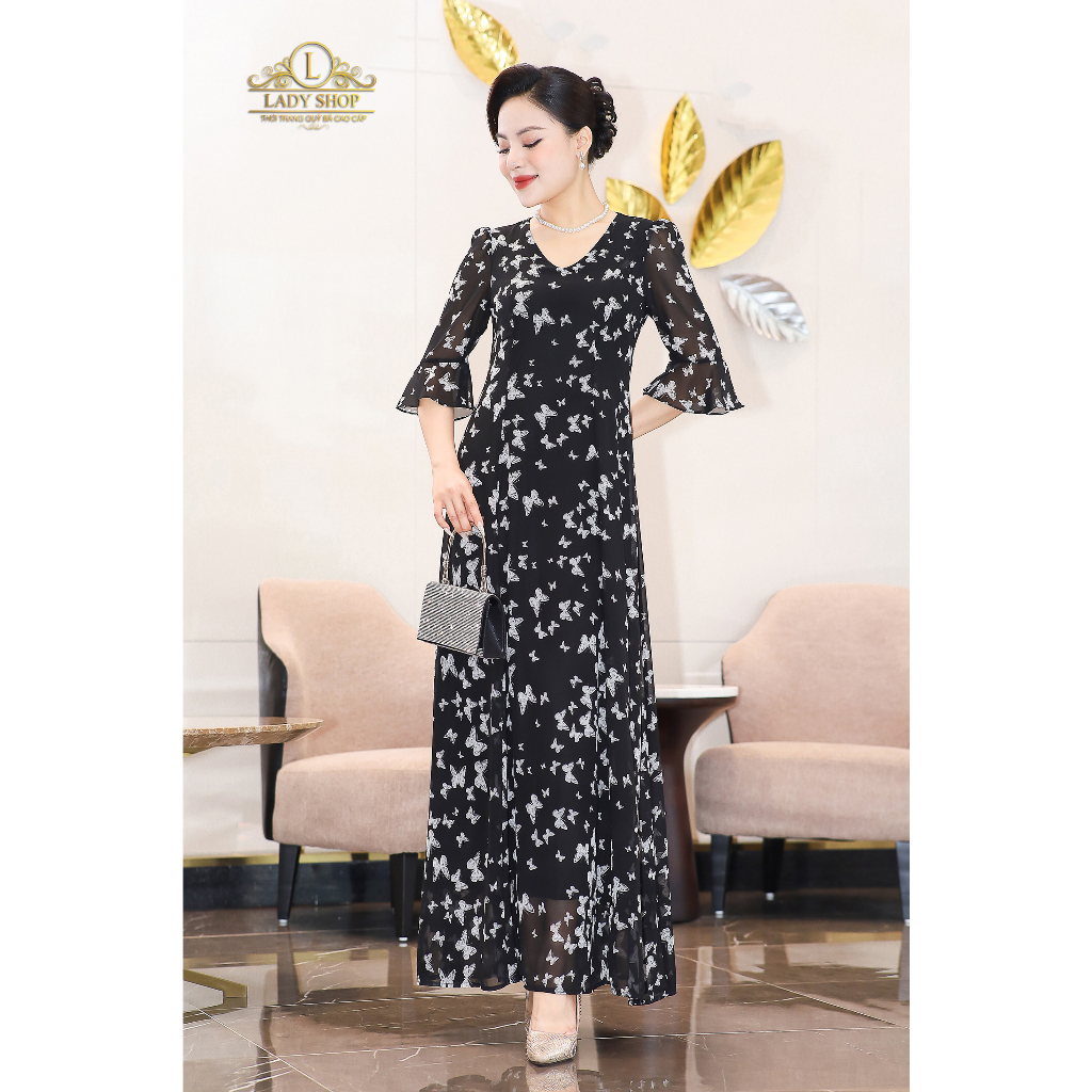 Đầm Maxi voan tay loe họa tiết bướm Ladyshop thời trang trung niên cao cấp T158