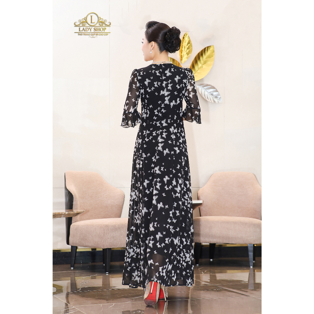 Đầm Maxi voan tay loe họa tiết bướm Ladyshop thời trang trung niên cao cấp T158