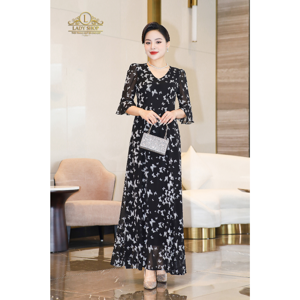 Đầm Maxi voan tay loe họa tiết bướm Ladyshop thời trang trung niên cao cấp T158