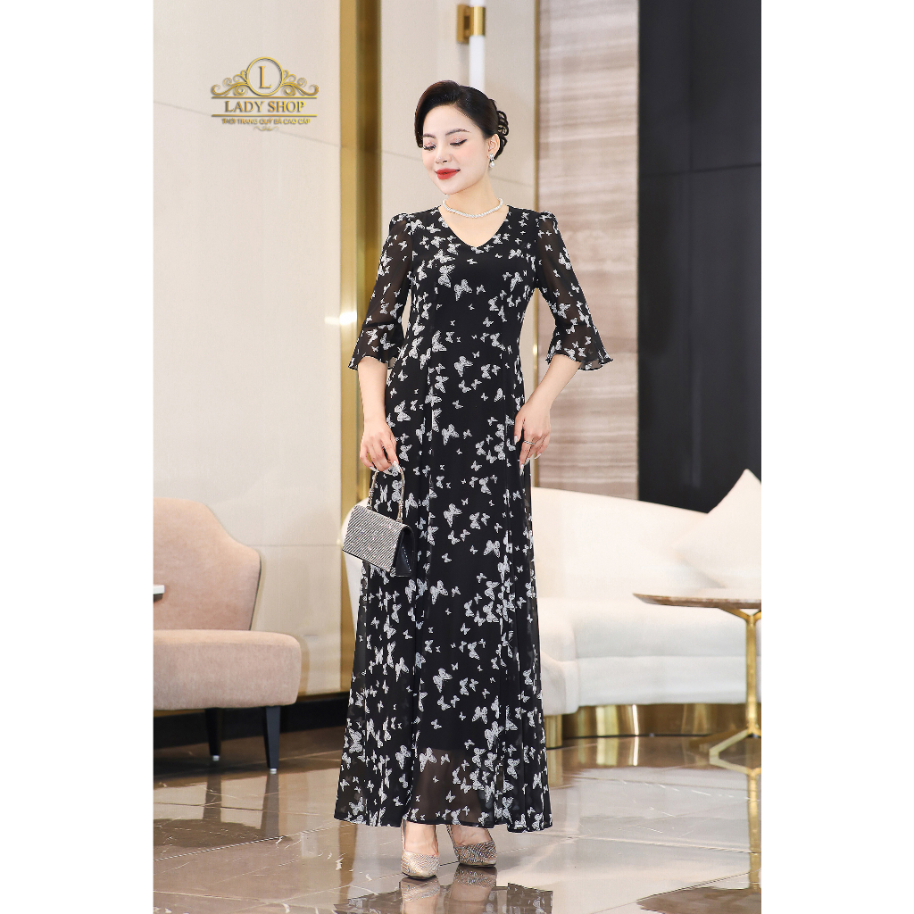 Đầm Maxi voan tay loe họa tiết bướm Ladyshop thời trang trung niên cao cấp T158