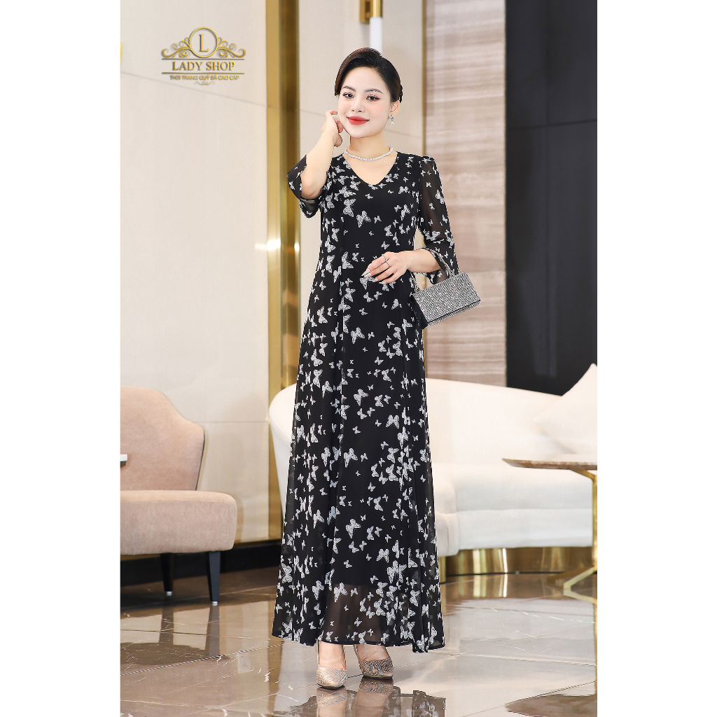 Đầm Maxi voan tay loe họa tiết bướm Ladyshop thời trang trung niên cao cấp T158