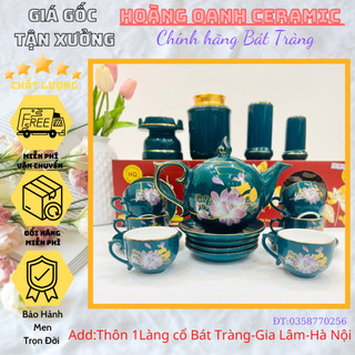 Bộ ấm chén pha trà bát tràng 500ml-vẽ vàngphúc lộc thọ,sen đơn,phúc đức-ấm chóp lửa men lục bảo