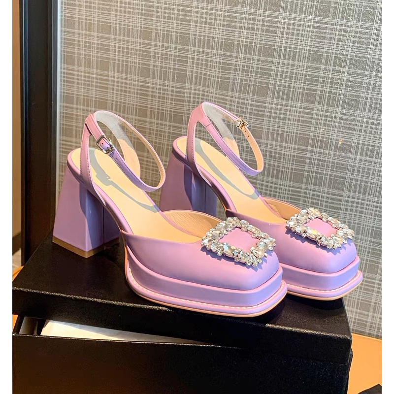 ORDER 💜 Giày gắn đá da trơn gót vuông 9cm 34-39