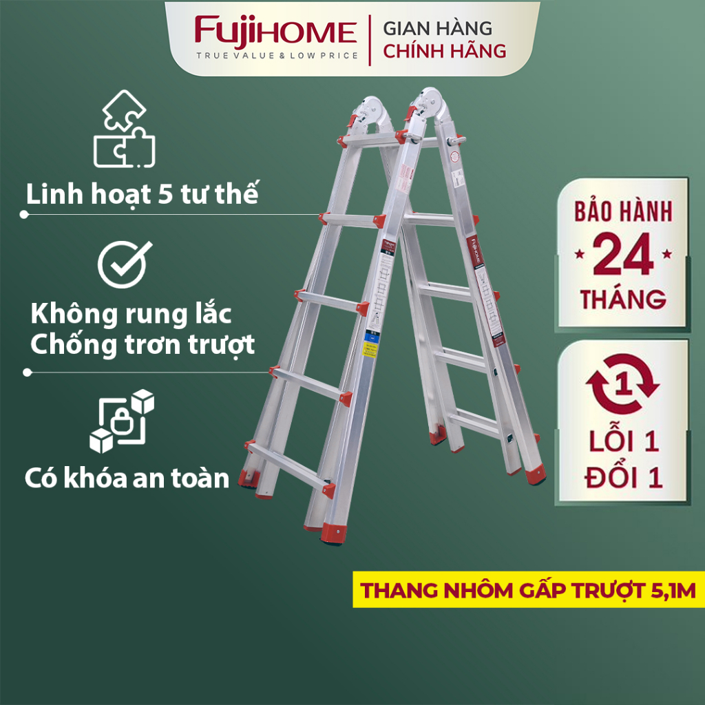 Thang nhôm gấp trượt chữ A Nhập Khẩu  5.1M đa năng chống trượt chính hãng FUJIHOME. thang gẩp rút có khóa an toàn Ladder
