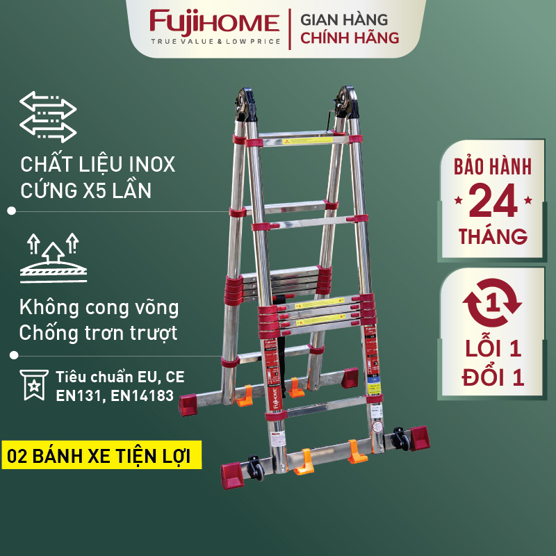 Thang inox rút chữ A gấp gọn 4,4M - 5,6M chính hãng FUJIHOME, thang rút đa năng thang chữ A giatelescoping ladder