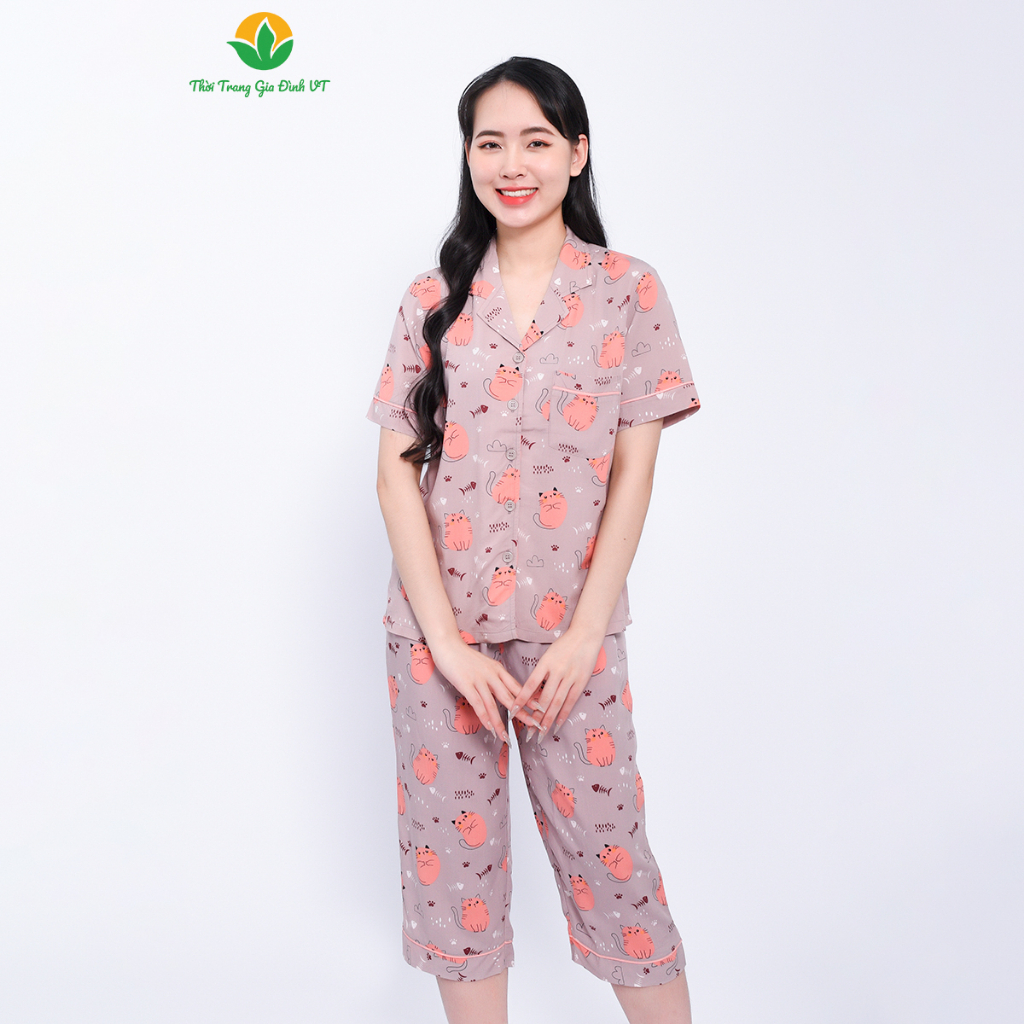 Bộ pijama lanh nữ mùa hè Việt Thắng, quần lửng, áo cộc tay - B06.2316 FORM RỘNG