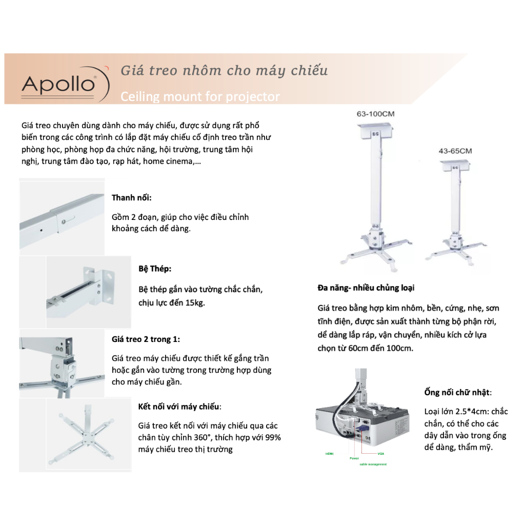 Giá treo máy chiếu đa năng chất liệu nhôm cao cấp kích thước 60cm - 100 cm - ceiling mount for projector apollo